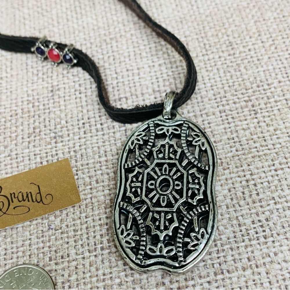 Lucky Brand Silver Metal Work Leather Necklace‎